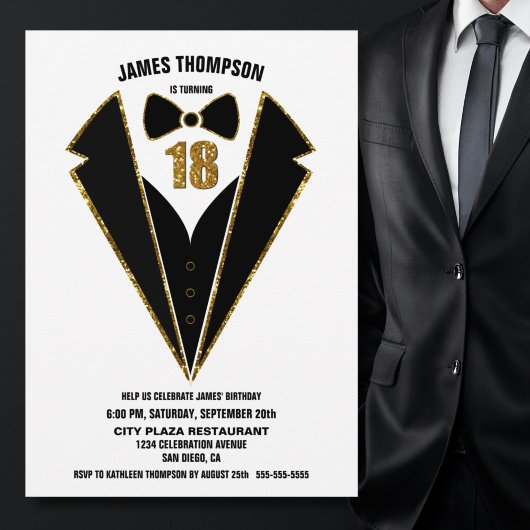Black Gold Tuxedo 18th Birthday Party Kaart