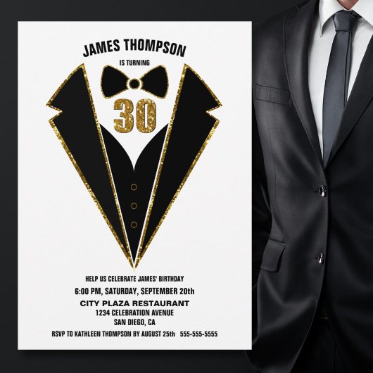 Black Gold Tuxedo 30th Birthday Party Kaart