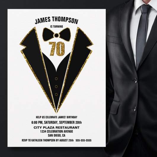 Black Gold Tuxedo 70th Birthday Party Kaart