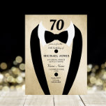 Black Gold Tuxedo Mannen 70th Birthday Party Invit Kaart<br><div class="desc">Ontwerp met dank aan https://www.etsy.com/shop/teabreakart</div>