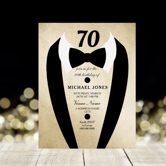Black Gold Tuxedo Mannen 70th Birthday Party Invit Kaart