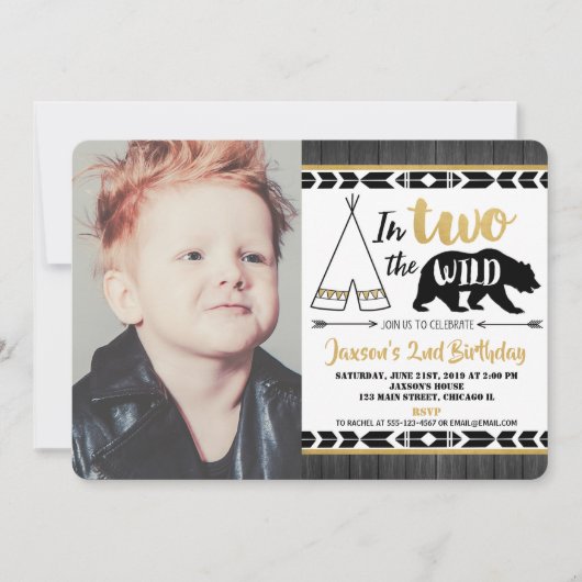 Black Gold Two Wild 2e verjaardag Uitnodiging Jong (Voorkant)