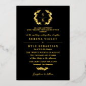Black Gold Typografie Wreath Monogram Wedding Folie Uitnodiging (Voorkant)