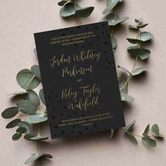 Black & Gold Typography Stars Informal Wedding Folie Uitnodiging