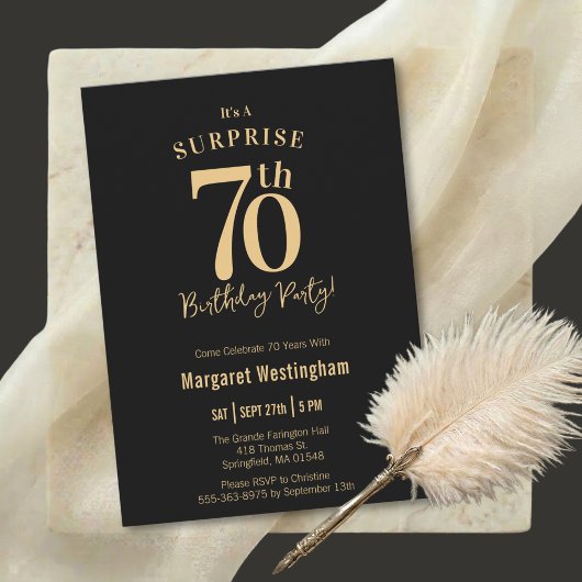 Black Gold Typography Surprise 70th Birthday Kaart