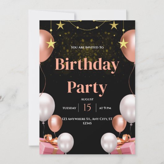 Black & Gold Uitnodiging voor moderne verjaardagsf (Voorkant)