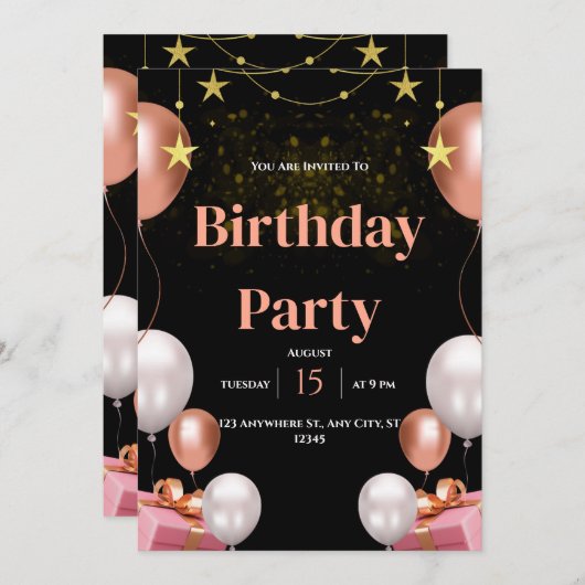 Black & Gold Uitnodiging voor moderne verjaardagsf (Voorkant / Achterkant)