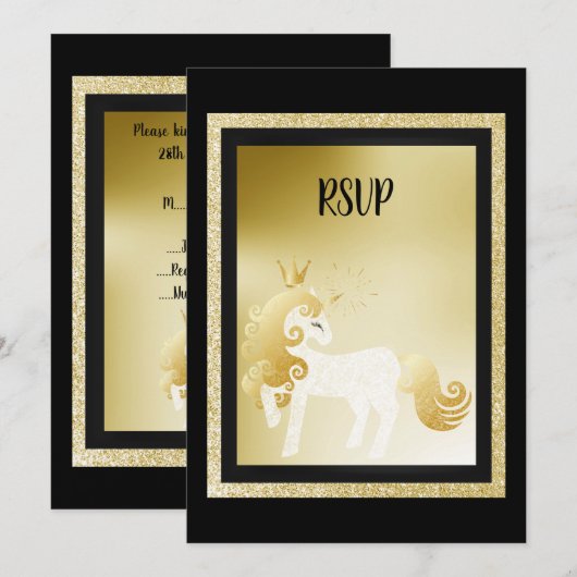 Black Gold Unicorn Birthday Party RSVP Kaart (Voorkant / Achterkant)