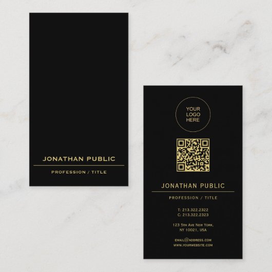 Black & Gold Upload Your Logo Here Custom QR Code Visitekaartje (Voorkant / Achterkant)