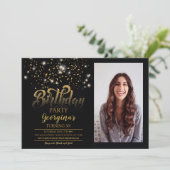 Black & Gold verjaardagsfeestje uitnodigen Foto Kaart (Staand voorkant)