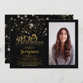 Black & Gold verjaardagsfeestje uitnodigen Foto Kaart (Voorkant / Achterkant)