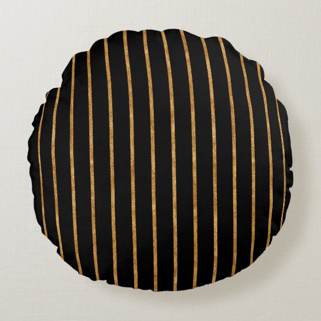 Black & Gold Vertical Stripe Pattern Round Pillow Rond Kussen (Voorkant)