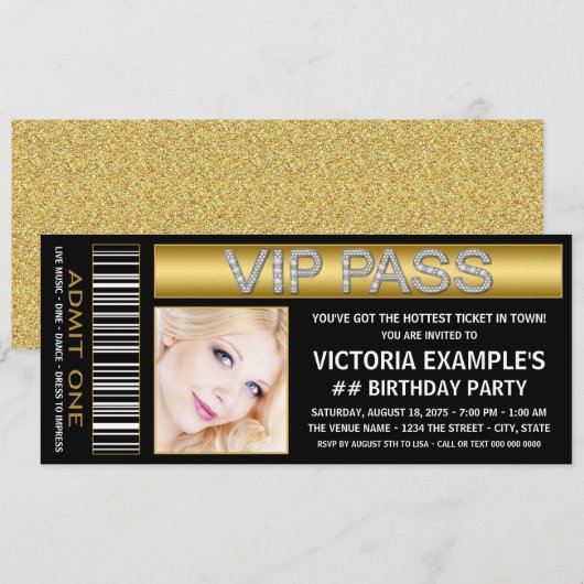 Black Gold VIP Pass Verjaardagsfeest Kaart (Voorkant / Achterkant)