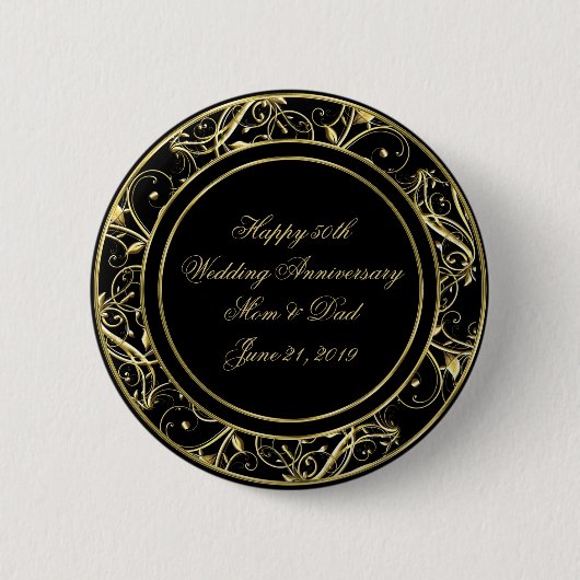 Black Gold Vlourish 50th Wedding Jubileum Ronde Button 5,7 Cm (Voorkant)