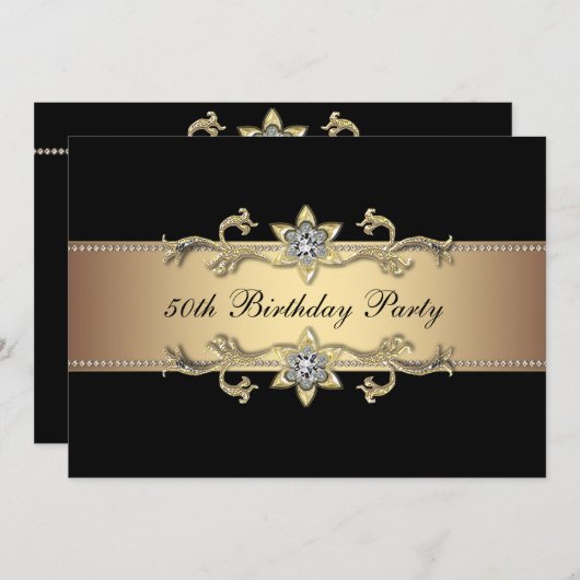 Black Gold Vrouwen 50ste verjaardag Uitnodiging (Voorkant / Achterkant)