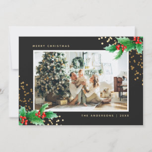 Black Gold Waterverf Holly-fotokerstkaarten Feestdagenkaart