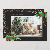 Black Gold Waterverf Holly-fotokerstkaarten Feestdagenkaart (Voorkant / Achterkant)