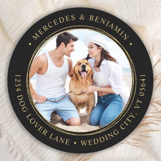 Black Gold Wedding Custom Photo Return-adres Ronde Sticker