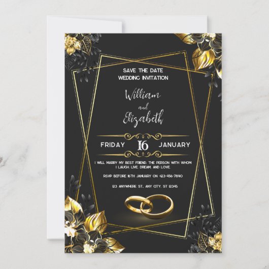 Black & Gold Wedding Invitation Card Kaart (Voorkant)