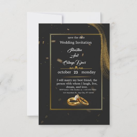 	Black Gold Wedding Invitation Kaart (Voorkant)