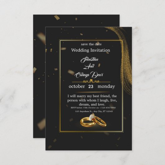 	Black Gold Wedding Invitation Kaart (Voorkant / Achterkant)