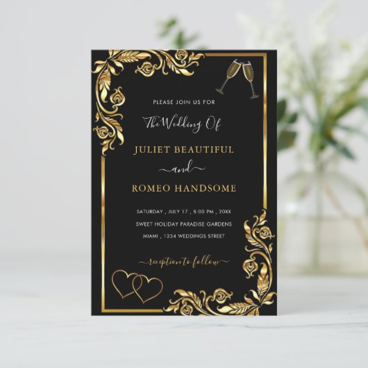 Black Gold Wedding Invitation Voorbeeld met QR-cod Kaart (Staand voorkant)