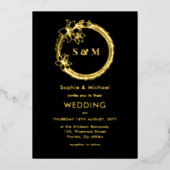 Black Gold Wedding Monogram Wreath Folie Uitnodiging (Voorkant)