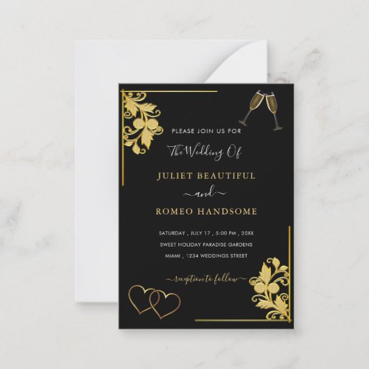 Black Gold Wedding Uitnodiging Harten en Champagne (Voorkant)