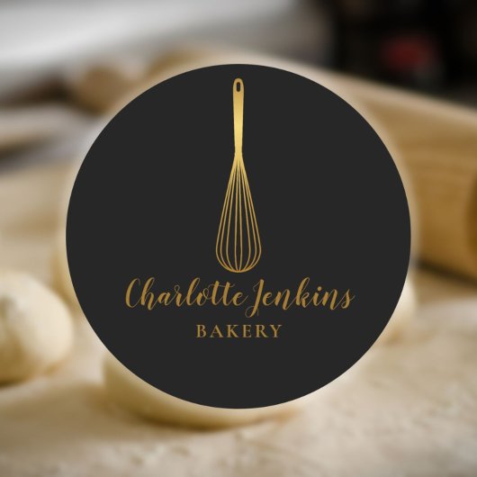 Black Gold Whisk Bakery Patisserie Script Ronde Sticker