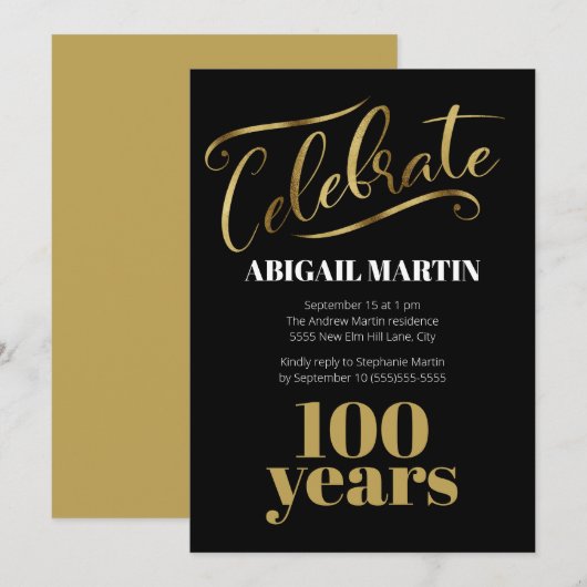 Black Gold White 100th Birthday Party Kaart (Voorkant / Achterkant)