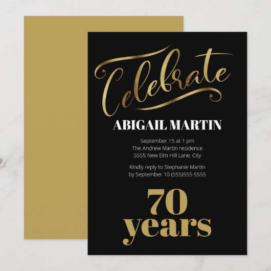 Black Gold White 70th Birthday Party Kaart (Voorkant / Achterkant)