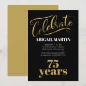 Black Gold White 75th Birthday Party Kaart (Voorkant / Achterkant)