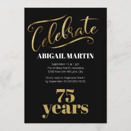Black Gold White 75th Birthday Party Kaart