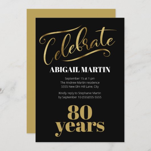 Black Gold White 80th Birthday Party Kaart (Voorkant / Achterkant)