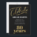 Black Gold White 80th Birthday Party Kaart<br><div class="desc">Elegant zwart,  goud en witte uitnodiging voor vrouwen op de 80ste verjaardag.</div>