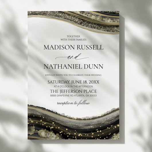 Black Gold White Agate Elegant Wedding Kaart