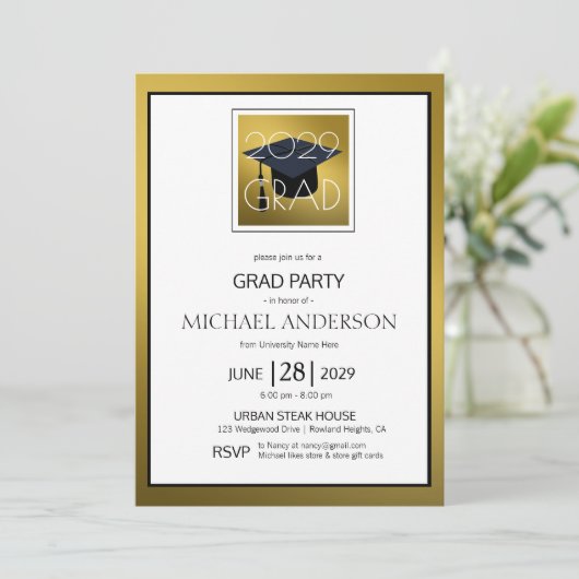 Black Gold White Male Afstuderen Graduparty Kaart (Staand voorkant)