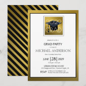 Black Gold White Male Afstuderen Graduparty Kaart (Voorkant / Achterkant)