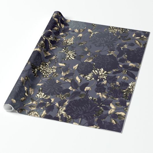 Black Gold White Modern  Floral Toile Cadeaupapier (Uitgerold)