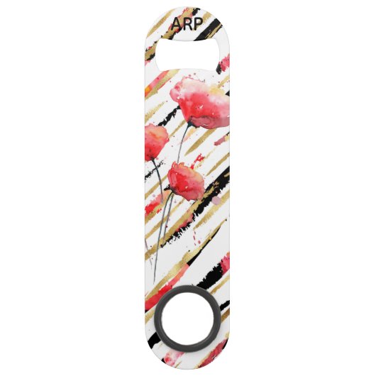 *~* Black Gold White Poppy Pattern Speed Flessenopener (Achterkant)