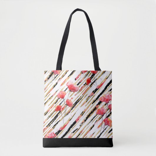 *~* Black Gold White Poppy Pattern Tote Bag (Voorkant)
