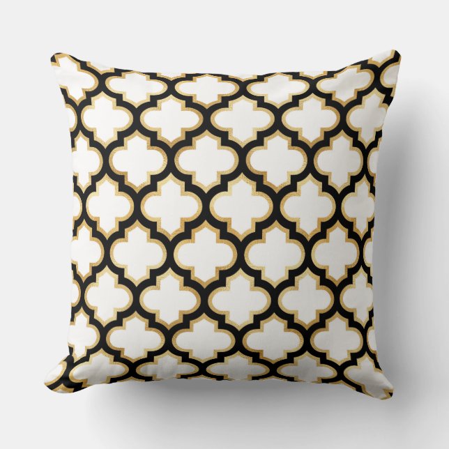 Black Gold White Quatrefoil Trellis Pillow Kussen (Voorkant)