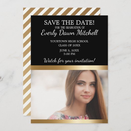 Black Gold White Stripe Afstuderen Save Date Photo Save The Date (Voorkant / Achterkant)