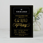 Black & Gold Wide Logo Grote opening Folie Uitnodiging (Staand Voorkant)
