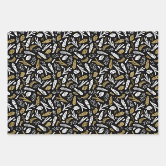 Black Gold Winter Botanicals Birds Christmas  Inpakpapier Vel (Voorkant)