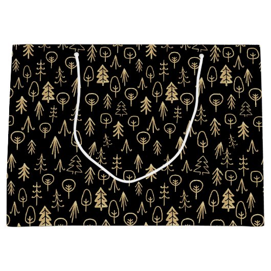Black Gold Winter Trees patterned Large Gift Bag Groot Cadeauzakje (Voorkant)