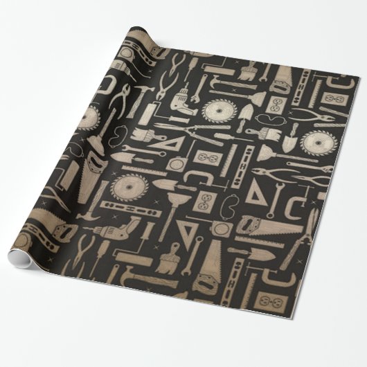 Black & Gold Workshop Tools Wrapping Paper Cadeaupapier (Uitgerold)