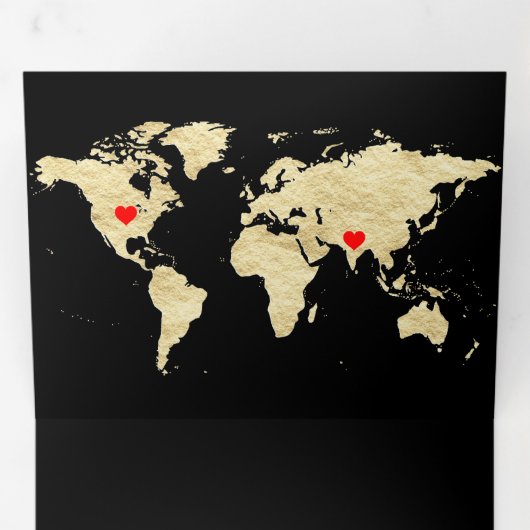 Black Gold World Map All in One Wedding Drieluik Uitnodiging (Binnenzijde eerst)
