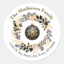 Black Gold Wreath Holiday retouradres Ronde Sticker