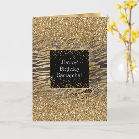 Black Gold Zebra Print Glittery Glitz Kaart (Gele Bloem)